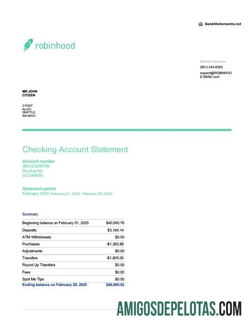 em branco Extrato de conta bancária Robinhood dos EUA modelo Word e PDF